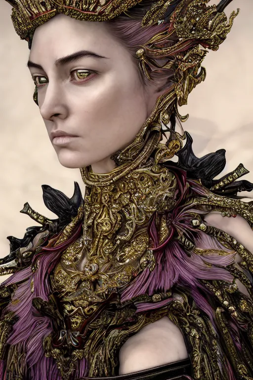 Image similar to hyper-realistic ultra-detailed maximalist and dramatic elegant luxury beautiful young empress portrait by igor goryunov and patricio clarey inspired by andrei riabovitchev and heidi taillefer Rendered by binx.ly 8k. Generative art. Fantastic realism. Scifi feel. Extremely Ornated. Intricate and omnious. Tools used: Blender Cinema4d Houdini3d zbrush. Unreal engine 5 Cinematic. Beautifully lit. No background. artstation. Deviantart. CGsociety.