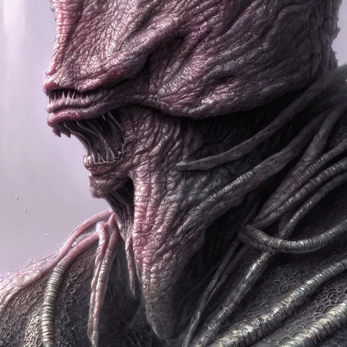 Prompt: a portrait of a character in a scenic environment by wayne barlowe and nihei tsutomu, close up shot, dreamy hazy, biological armor, highly detailed, 3 d render, vray, octane, realistic lighting