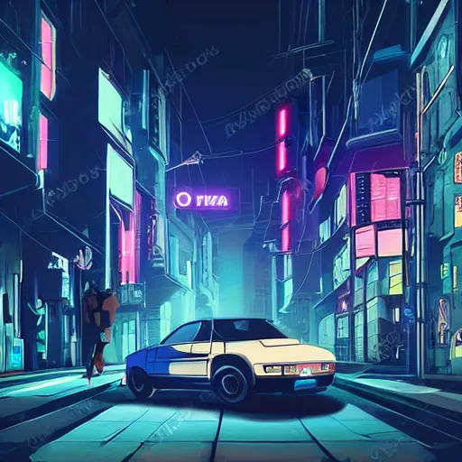 Image similar to car light far away on the cyberpunk street, future