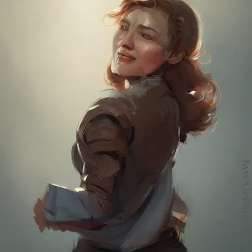Prompt: portrait of a super friendly woman by greg rutkowski, he is about 2 9 years old, english, auburn slightly red shoulder length hair, brown eyes, cute slighty chubby face, highly detailed portrait, digital painting, artstation, concept art, smooth, sharp foccus ilustration, artstation hq
