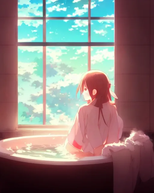 Image similar to a beautiful photo of a girl sitting in a bath robe watching the world outside her window burn ， by makoto shinkai an krenz cushart