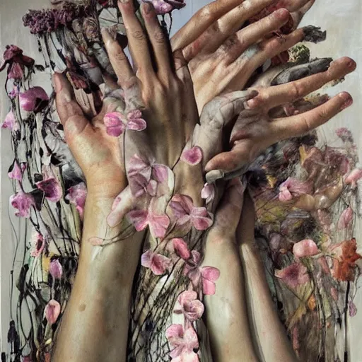 Image similar to a thousand of hands touching flowers, by Jenny saville. Dark and atmospheric