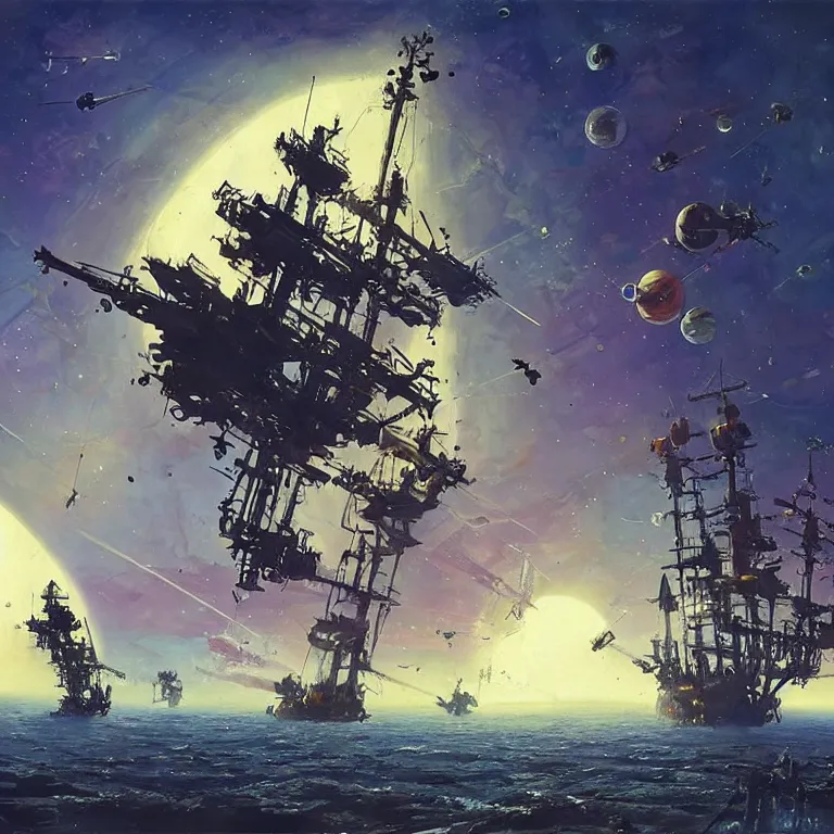 Image similar to pirate ship in space, sci-fi concept art, by * Simon Stålenhag, by John Berkey, highly detailed