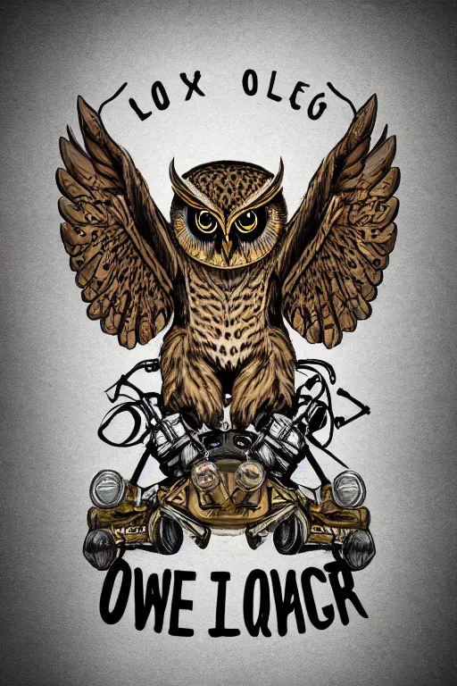 Image similar to owl wearing biker gang jacket with label which says hoo - ligan, portrait photo, full body, backlit, studio photo, golden ratio