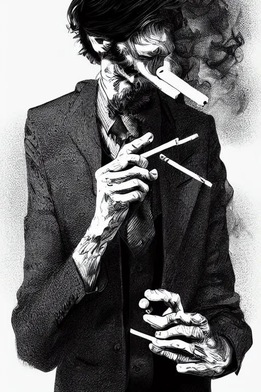 Image similar to hyperdetailed portrait of a man smoking a cigarette, by nicholas delort, artstation, smooth, graphic black and white. intricate, elegant, central composition, golden ratio,