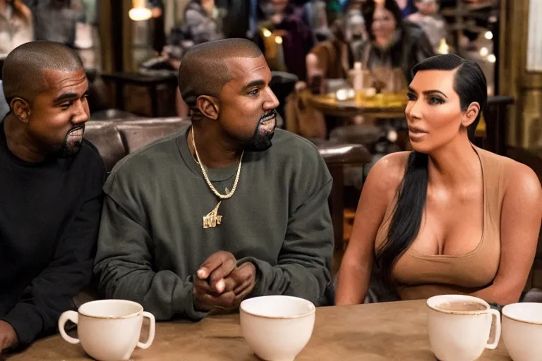 Image similar to Kanye West and Kim Kardashian (2018) are best friends, drinking coffee at central perk, still photo, hyperrealistic, highly detailed, 35mm, 8k, by weta digital