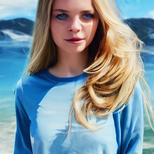 Prompt: a very beautiful swedish girl, full body, long wavy blond hair, sky blue eyes, full round face, short smile, cute top, short jeans, summer lake setting, cinematic lightning, medium shot, mid-shot, highly detailed, trending on Artstation, Unreal Engine 4k, cinematic wallpaper by Stanley Artgerm Lau, WLOP, Rossdraws, James Jean, Andrei Riabovitchev, Marc Simonetti, and Sakimichan