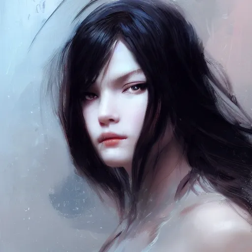 Image similar to a cute and beautiful girl by ruan jia, 8 k, closeup headshot, smooth, trending on artstation, black long hair, black eyes, movie poster style