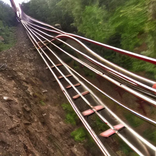 Image similar to go pro still of a rollercoaster with a mangled track up ahead