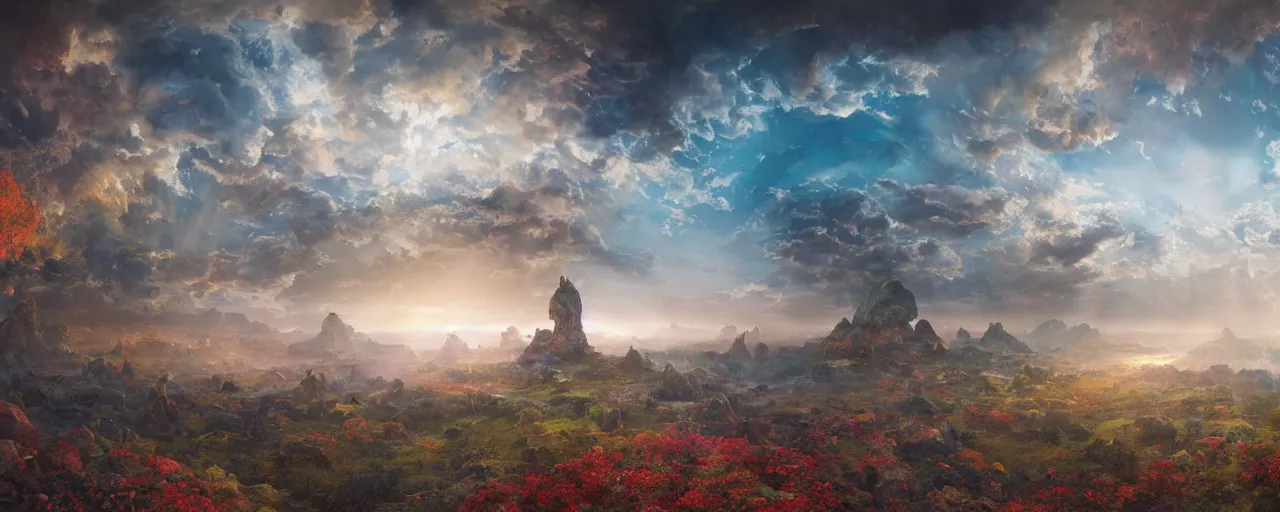 Prompt: beautiful beautiful beautiful beautiful landscape of the psychedelic planet from another dimension, edo, yin yang, panorama, cinematic lighting, necropolis, temples, by Frederic Edwin Church, by Ivan Aïvazovski, light rays, light simulation, masterpiece, volumetric lighting