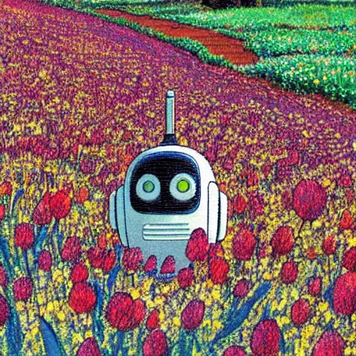 Image similar to a little robot lying in a flower field, painted by studio ghibli