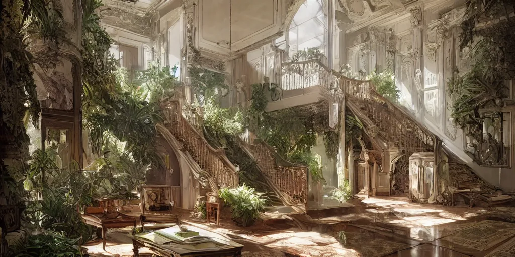 Image similar to photo of a beautiful living room in a mansion with lots of vegetation. architecture. comfortable. stairs. trending on artstation. cgsociety. art by greg rutkowski and moebius, detailed hutra, engraving, precision, cinematic light