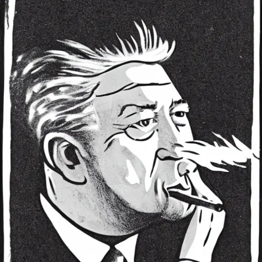 Image similar to woodcutting of david lynch smoking a cigarette, black and white