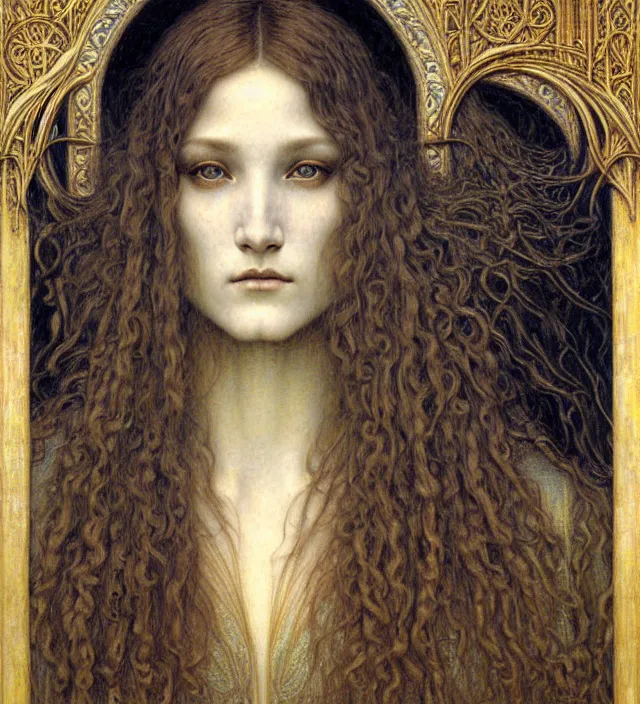 Image similar to detailed realistic beautiful young medieval queen face portrait by jean delville, gustave dore and marco mazzoni, art nouveau, symbolist, visionary, gothic, pre - raphaelite. horizontal symmetry