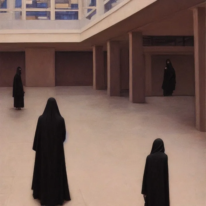 Prompt: woman in black robes, back to us, in magnificent shopping mall, artstation, art by edward hopper, zdislav beksinski, wayne barlowe, edward hopper