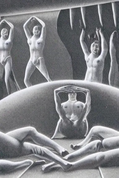 Image similar to A vintage scientific illustration from the 1970s of humans forming caves with their bodies