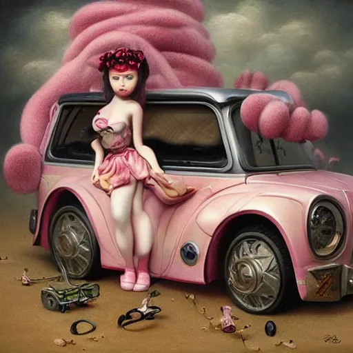 Prompt: pop surrealism, lowbrow art, a realistic cute girl painting themed hot wheels micro machine toy car, victorian japanese frills fashion, hyper realism, muted colours, rococo, mark ryden, tom bagshaw, trevor brown style,