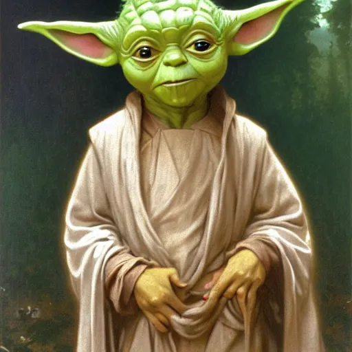 Image similar to Painting of Yoda. Art by william adolphe bouguereau. During golden hour. Extremely detailed. Beautiful. 4K. Award winning.