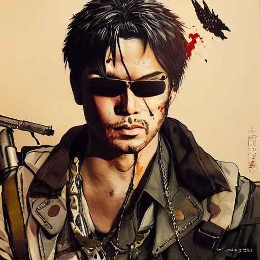 Image similar to portrait of a hero holding his gun in front of his face by yoji shinkawa, high quality, extra details, realism, ornate, colored, golden chain, blood, white skin, short hair, brown eyes, vivid, sunlight, dynamic, american man, freedom, white american soldier, painting