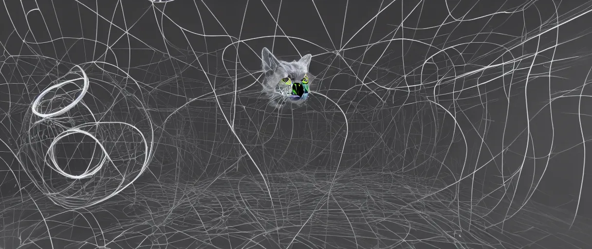 Image similar to 3 d render of cat playing with yarn in non - euclidean space using portals, dynamic motion, concept art, high detail, artstaion, dark atmosphere, noir, 4 k