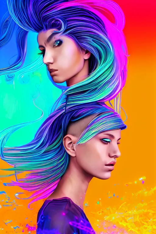 Image similar to a award winning half body portrait of a beautiful woman with stunning eyes in a croptop and cargo pants with rainbow colored ombre hairstyle head in motion and hair flying by thomas danthony, surrounded by whirling illuminated liquids and lines, outrun, vaporware, shaded flat illustration, digital art, trending on artstation, highly detailed, fine detail, intricate