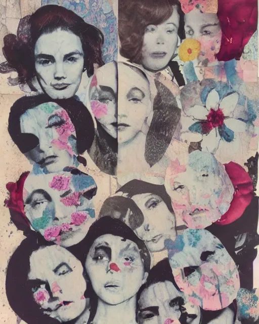 Prompt: different women's faces, cut and paste collage, mutated flowers, soft coloring, ripple effect, 1 9 6 0 s, water stains, different emotions, lingering glances