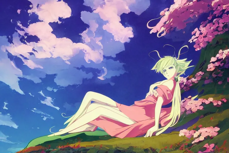 Prompt: a cute anime girl relaxing on a cloud by earle, eyvind, portrait,
