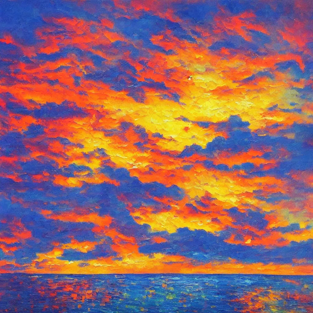 Image similar to an impasto oil painting of a stunning, colorful sunset painted by ken hong leung