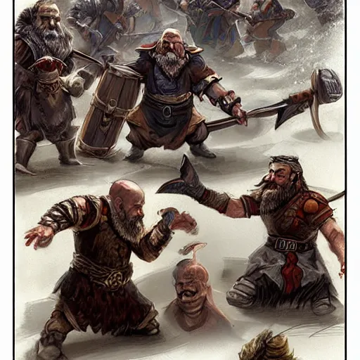 Image similar to DnD dwarves in gladitorial duel. Concept art by james gurney.