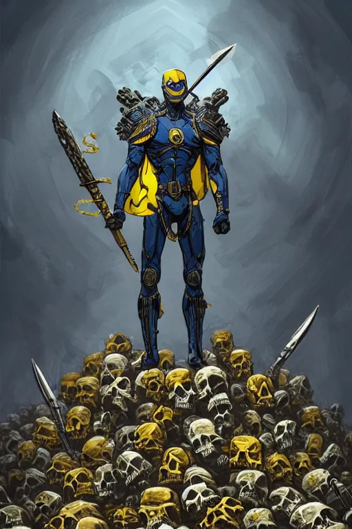 Image similar to a distant shot of a super soldier with blue and yellow flag and a trident symbol standing alone on a huge pile of skulls as a winner, masculine figure, D&D, fantasy, intricate, elegant, highly detailed, extremely detailed, digital painting, artstation, concept art, matte, smooth, sharp focus, illustration, art by Artgerm and Greg Rutkowski and Alphonse Mucha