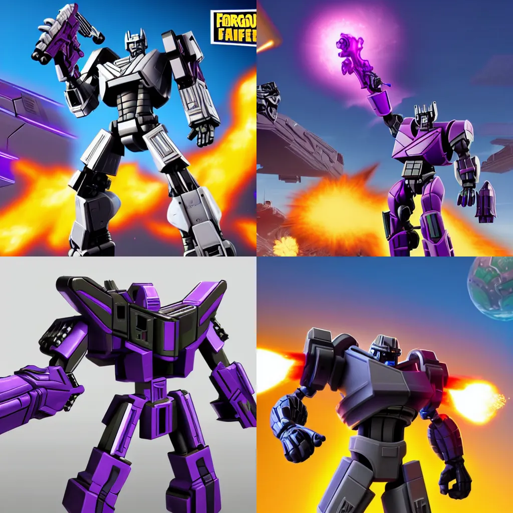 Prompt: Megatron (G1 hasbro Transformers keyshot fusion cannon Masterpiece Megatron) (yelling) in Fortnite