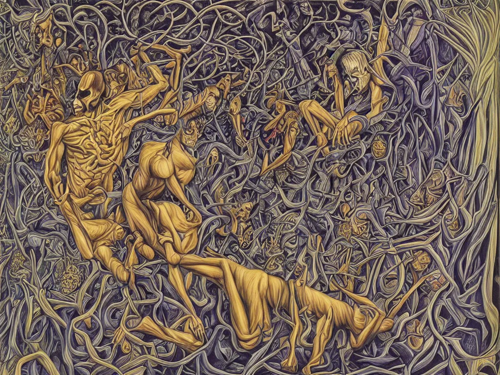 Image similar to transformation through death by Alex Grey and M. C. Escher collaboration