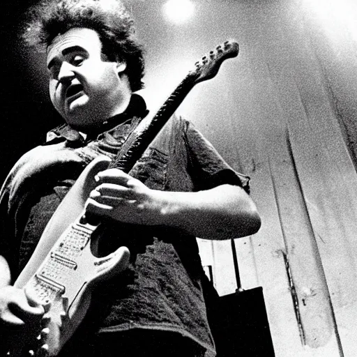 Image similar to john belushi as joliet jake blues playing electric guitar in a darkened nightclub, 3 5 mm film still from 1 9 8 1, grainy.