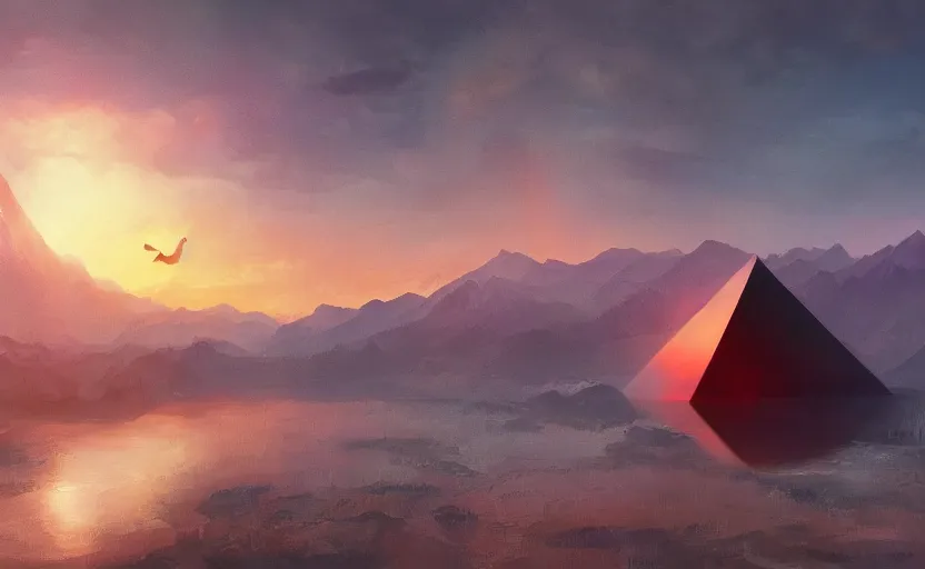 Prompt: A big triangle with an eye on it floating above the mountains, red sky, sunset, eerie, scary, digital art made by Stanley Artgerm Lau, WLOP, Rossdraws, James Jean, Andrei Riabovitchev, Marc Simonetti, Yoshitaka Amano, ArtStation, CGSociety