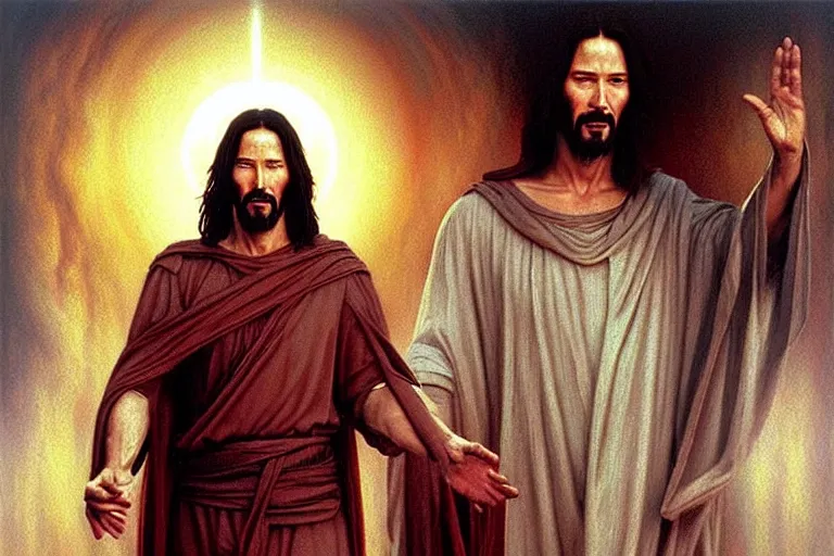 Image similar to keanu reeves as jesus christ in “ the last temptation of christ ” ( 1 9 8 8 ). oil painting elegant, highly detailed, centered, digital painting, artstation, concept art, smooth, sharp focus, illustration, artgerm, tomasz alen kopera, peter mohrbacher, donato giancola, joseph christian leyendecker