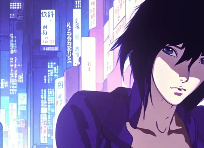 Prompt: a film still portrait of a motoko kusanagi ghost in the shell, finely detailed features, closeup at the faces, perfect art, at a cyberpunk city, gapmoe yandere grimdark, trending on pixiv fanbox, painted by greg rutkowski makoto shinkai takashi takeuchi studio ghibli, akihiko yoshida