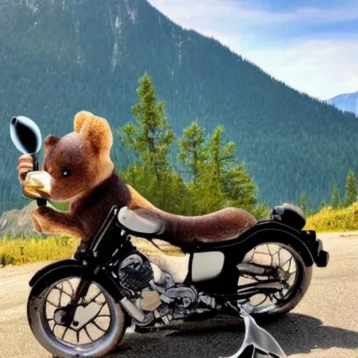 Prompt: A cool bear riding motorcycle in mountains with a glass of martini in a paw