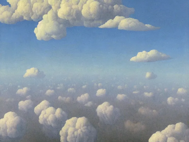 Image similar to city on clouds, painting by rene magritte, centered, high detail, high resolution