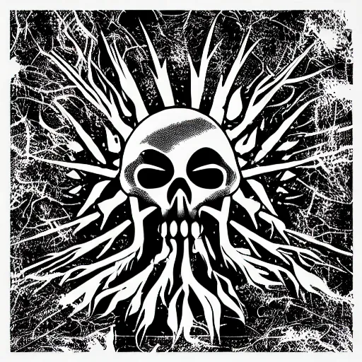 Image similar to dark death metal themed vector illustration for a record label, trees. forest, spikes, skull, microphone, skull, award winning, grunge, iconic, golden ratio