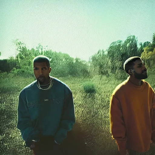 Prompt: a photo of kanye west and kid cudi singing in the middle of a garden, dramatic, ektachrome, vintage, wide angle, warm color palette, light mode, 2. 5 - dimensional, 1 6 k, ultra - hd, megapixel, cga, rays of shimmering light, mist, screen space reflections