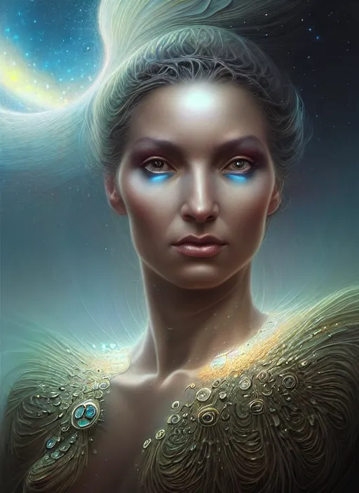 Prompt: closeup portrait shot of a beautiful cosmic woman in a scenic dystopian environment, intricate, elegant, highly detailed, centered, digital painting, artstation, concept art, smooth, sharp focus, illustration, artgerm, tomasz alen kopera, peter mohrbacher, donato giancola, joseph christian leyendecker, wlop, boris vallejo