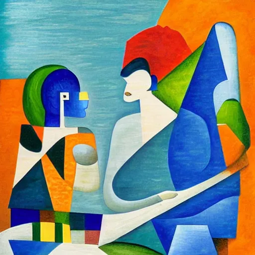 Image similar to two Women weaving the tapestry of life by the ocean with rocks all around, high quality art in the style of cubism and art deco,