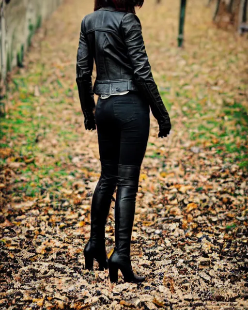 Prompt: young woman in her 20s, she wears a leather jacket and knee high boots, full body portrait, taken by a nikon, detailed, wonderful dark hair