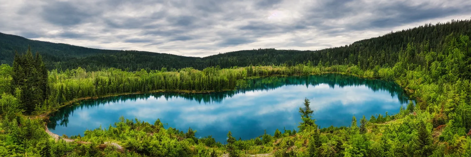 Image similar to a Lake next to a winding Road with many trees and reflections