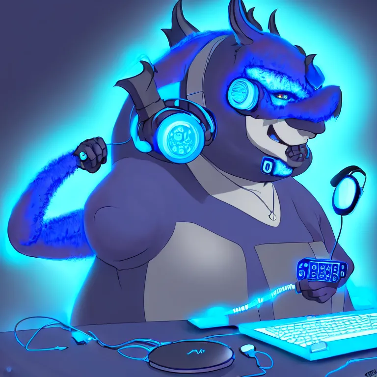 Prompt: a chubby anthropomorphic male blue dragon fursona wearing a cybernetic suit, headphones on his head, laptop, cyberpunk, furry, vivid saturation, oil on canvas, digital art, soft lighting
