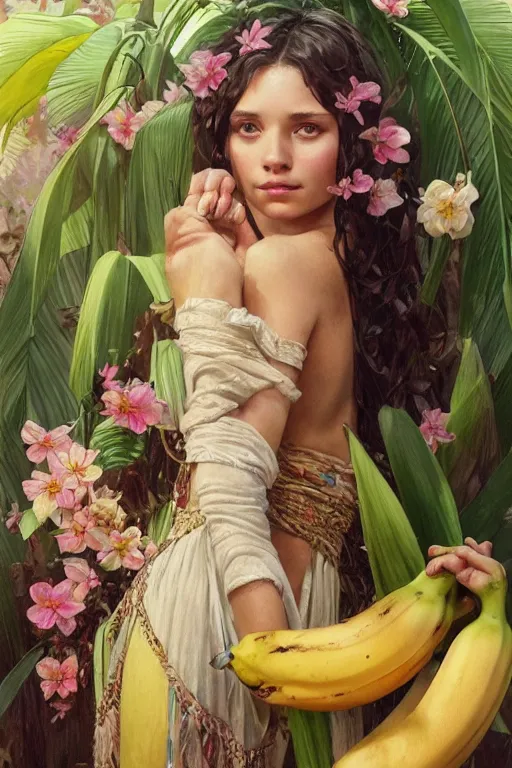 Image similar to ultra realistic illustration, bohemian girl with banana plants and flowers, staring directly into camera, intricate, elegant, highly detailed, digital painting, artstation, concept art, smooth, sharp focus, illustration, art by artgerm and greg rutkowski and alphonse mucha