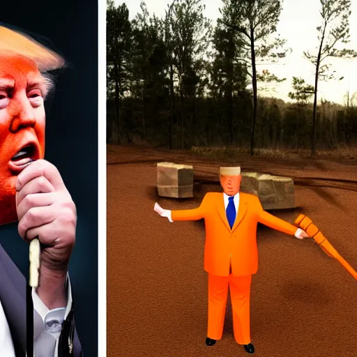 Image similar to long shot of crying Donald Trump wearing an orange prison suit and breaking rocks with a pickaxe at sunset, realistic