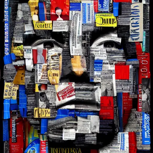 Prompt: a portrait of donald trump constructed from trash, collage, 🗑, trash, drop shadow,, layered composition, layers, texture, mcu, highly textured, layered, sculpted, dynamic,