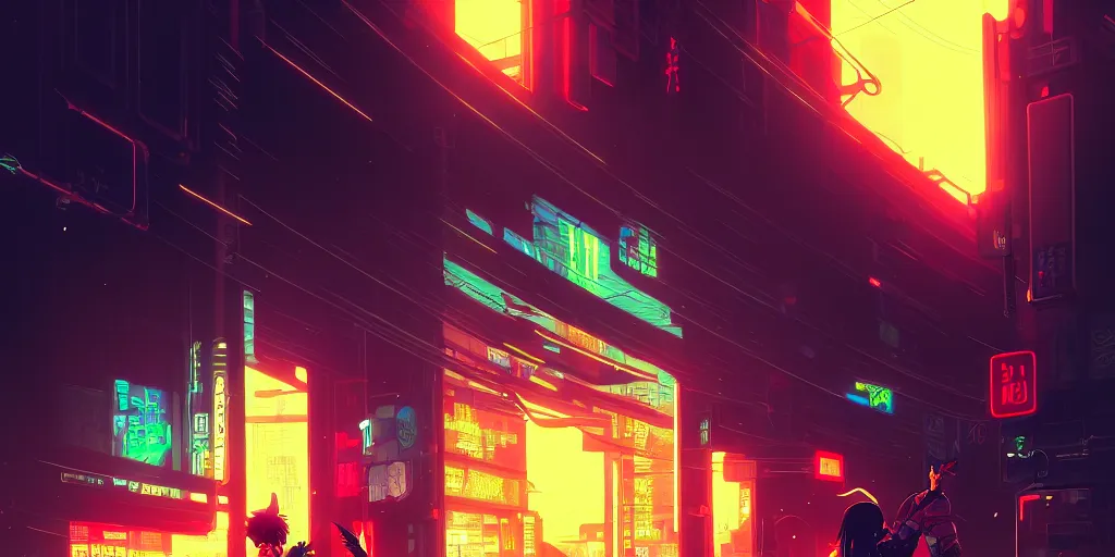 Image similar to digital illustration closeup of cyberpunk samurai in city street at night by makoto shinkai, ilya kuvshinov, lois van baarle, rossdraws, basquiat | afrofuturism, in the style of hearthstone, trending on artstation | cool color scheme
