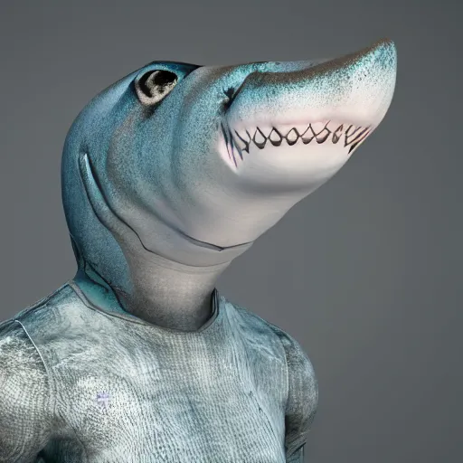 Prompt: 3 d render, hyper realistic anthropomorphic shark, male, clothing made from seaweed.